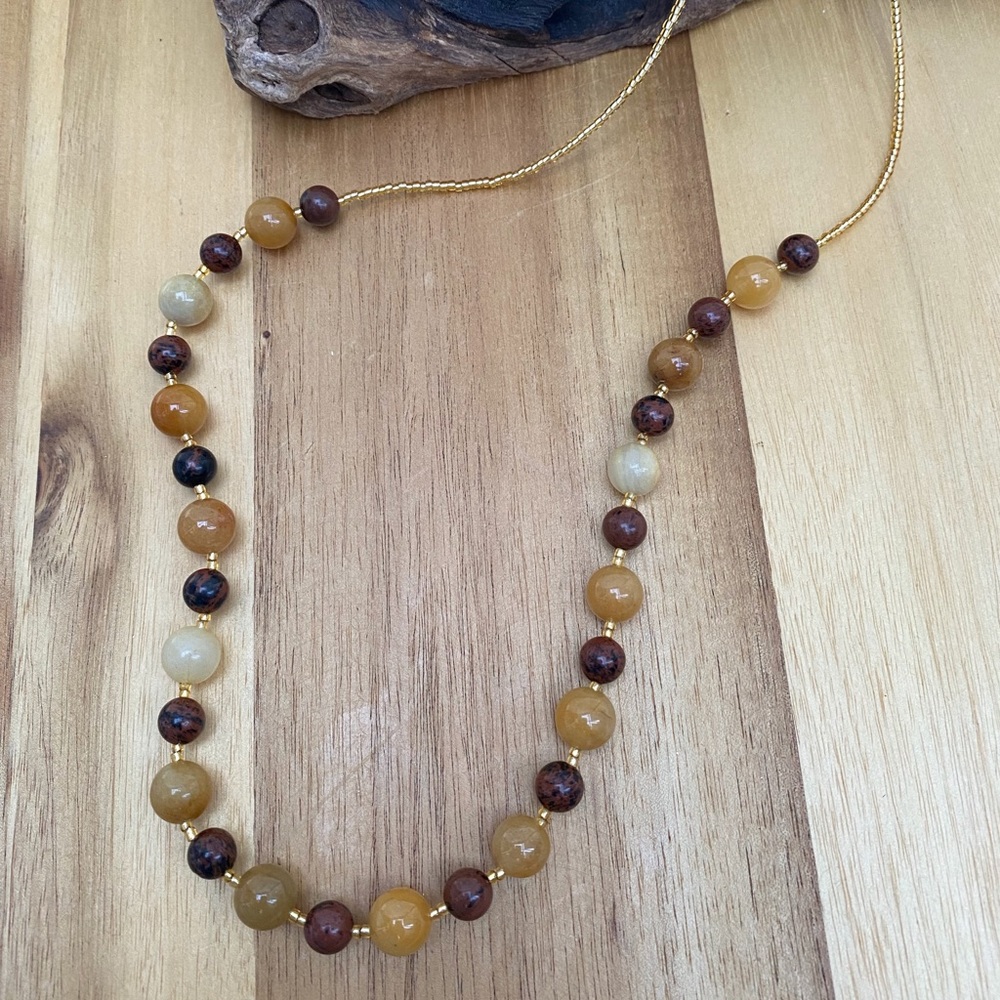 New Handcrafted Artisan Yellow Agate and Jasper Stone Bead Necklace